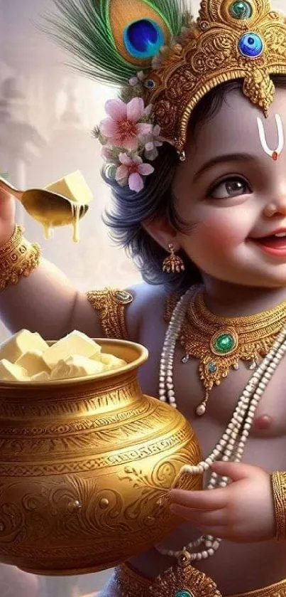 Baby Krishna with butter pot and ornaments wallpaper.