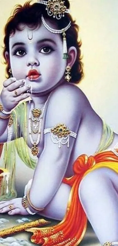 Vibrant Baby Krishna depiction for mobile phone wallpaper.