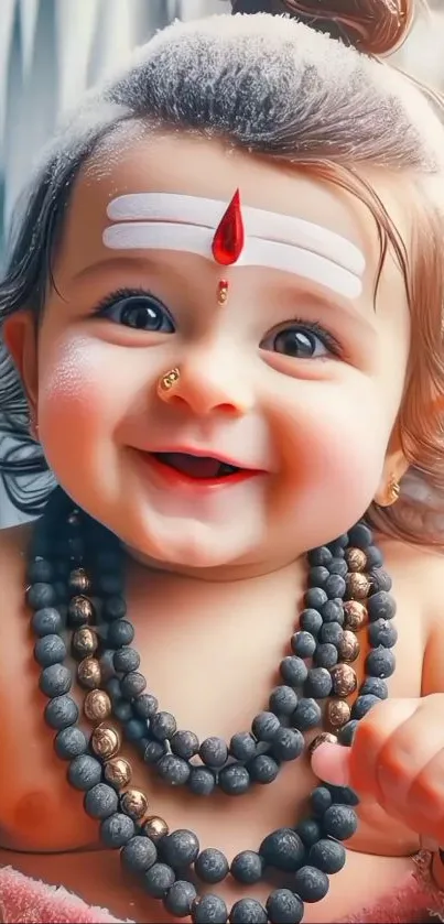 Smiling baby with traditional adornments in a vibrant portrait.