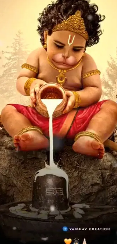 Divine baby pouring milk over sacred stone in a serene forest setting.