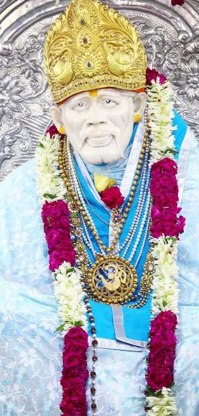 Spiritual idol adorned with garlands on a light blue background for mobile wallpaper.