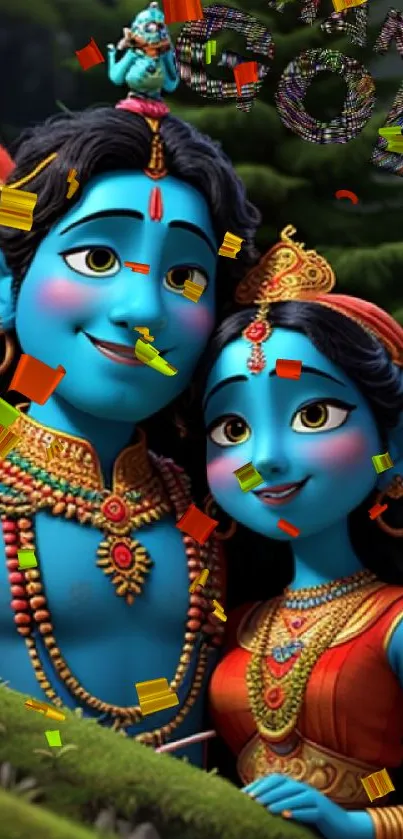 Vibrant blue-skinned couple in traditional attire with lush green backdrop.