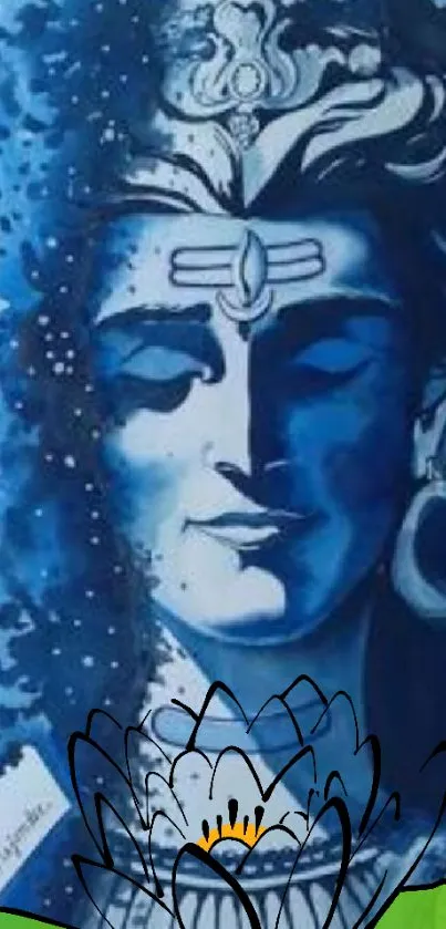 Abstract blue artwork of Lord Shiva with serene expression.