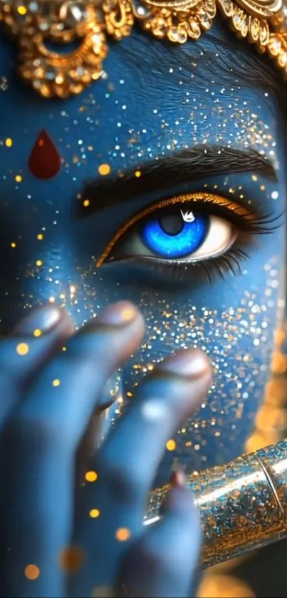 Artistic blue face with gold accents and intense blue eye close-up