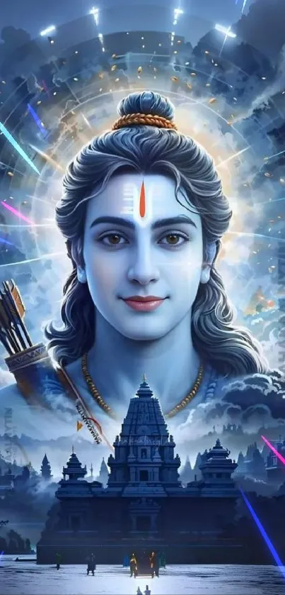 Divine blue deity in a mystical scene with a temple.