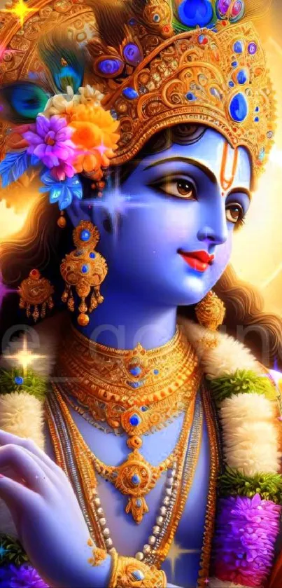 Divine blue deity with ornate crown and vibrant colors, exuding serenity.