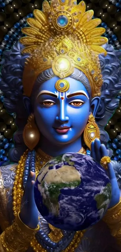 Blue deity holding Earth, intricate gold details.