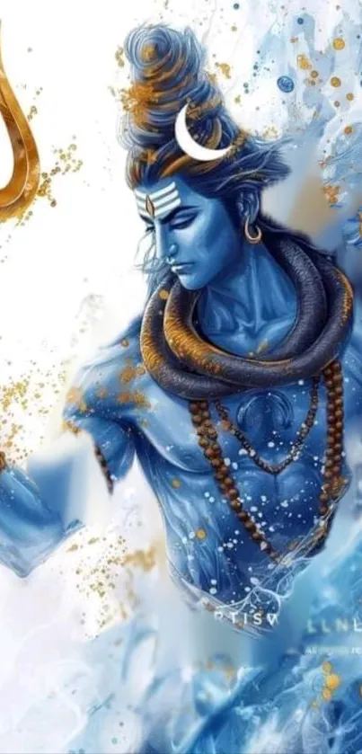 Artwork of a divine blue figure holding a trident.