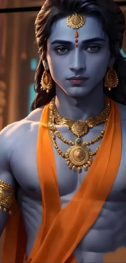 Divine blue deity with gold jewelry and orange robe.