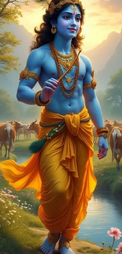 Blue-skinned deity in serene landscape with cows and flowers.