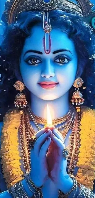 Blue deity holding light with serene expression in vivid colors.