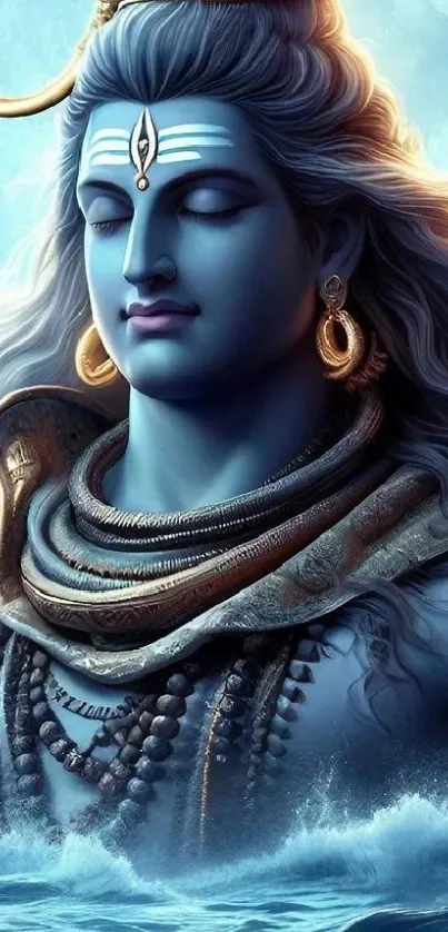 Serene blue deity surrounded by ocean waves