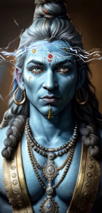 Blue deity with intricate details exuding spiritual energy.