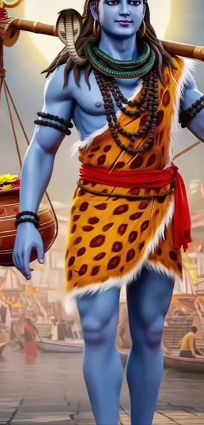 Divine blue figure walking in traditional attire.