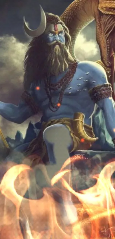 Blue-skinned deity amidst flames, highlighting spiritual power and serenity.