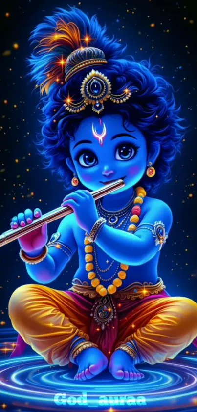 Vibrant depiction of Lord Krishna playing a flute with a blue color theme.