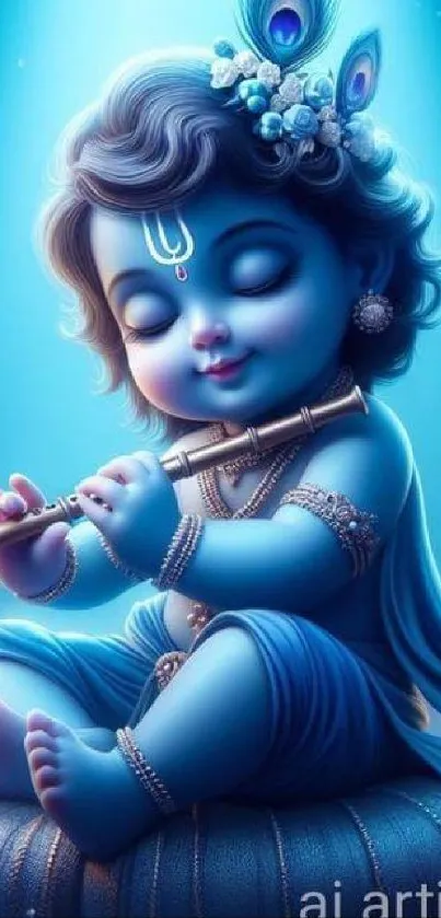 Serene blue Krishna holding a flute in this divine mobile wallpaper.