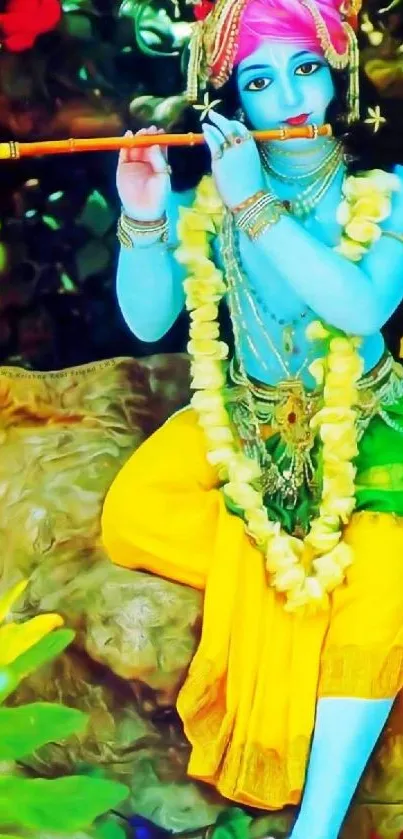 Blue Krishna playing flute with vibrant colors.