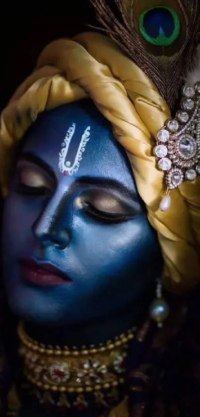 Divine Krishna art with blue hues and golden turban for phone wallpaper.