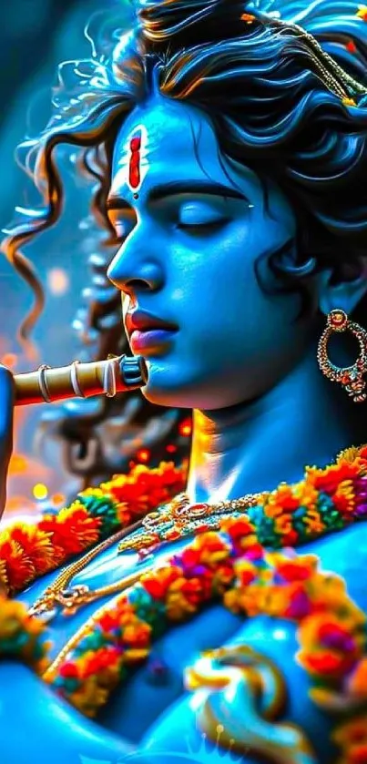 Divine blue artwork of Lord Krishna with a flute and floral adornments.