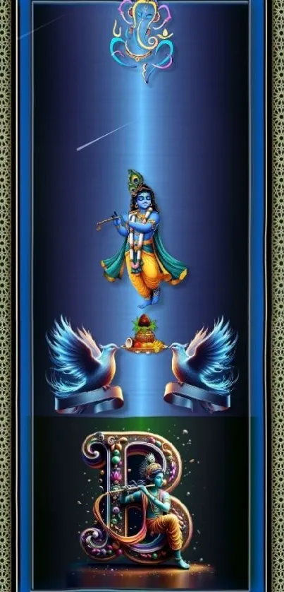 Blue Krishna wallpaper with divine elements and symbolic decorations.