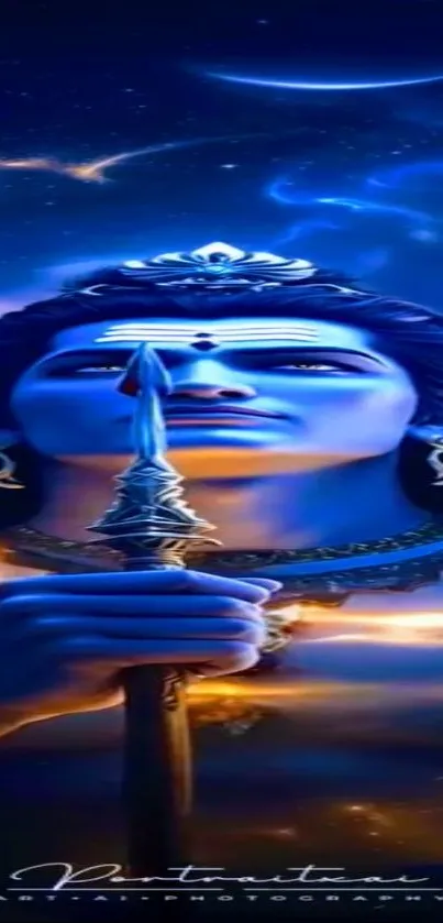 Divine blue warrior mobile wallpaper with celestial background.
