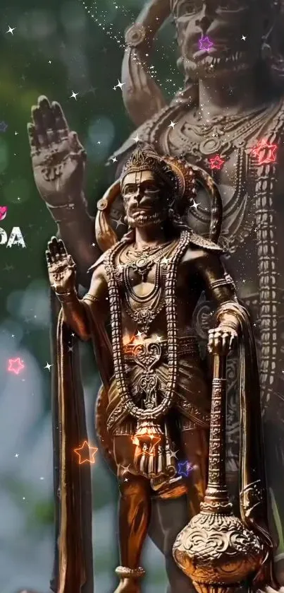 Bronze statue with divine symbols and starry accents on green backdrop.