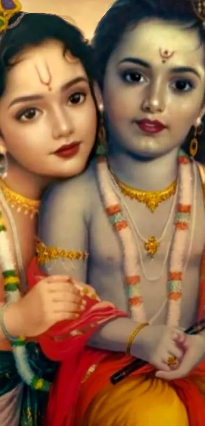 Artistic depiction of divine mythological brothers in vibrant traditional attire.