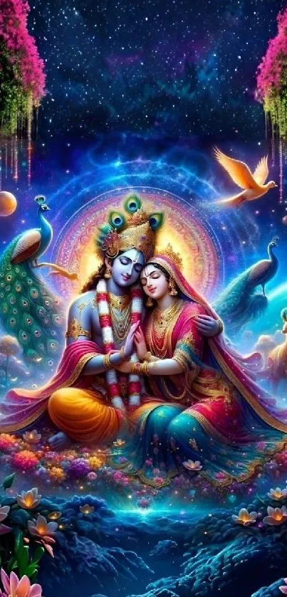 Vibrant artistic depiction of a divine couple with cosmic elements and nature.