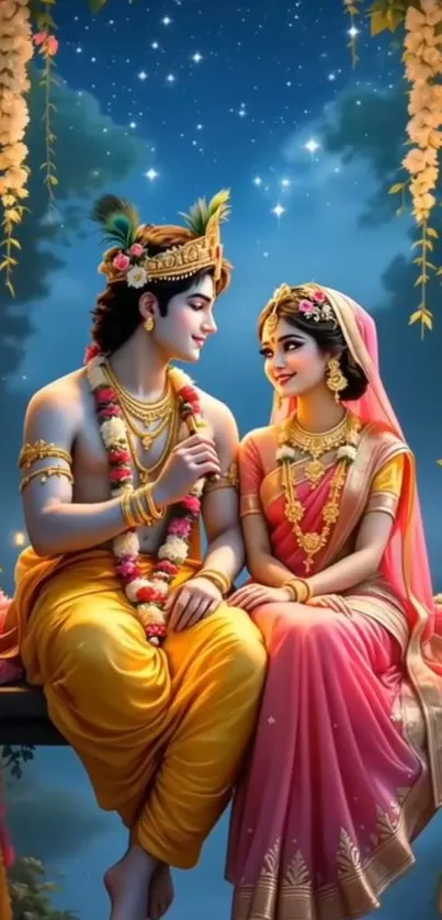 Divine lovers under a starry sky with floral surroundings.