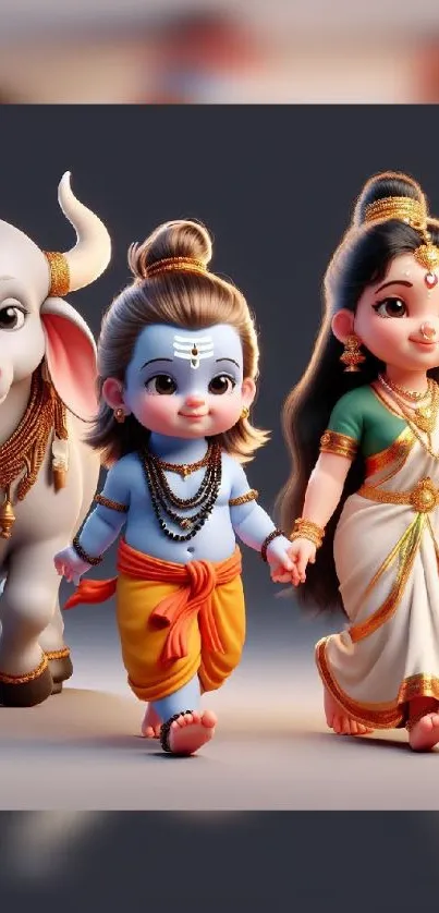 Illustrated child deities with a cow, vibrant and spiritual mobile wallpaper.