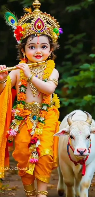 Divine child dressed as Krishna with a calf, vibrant and spiritual.