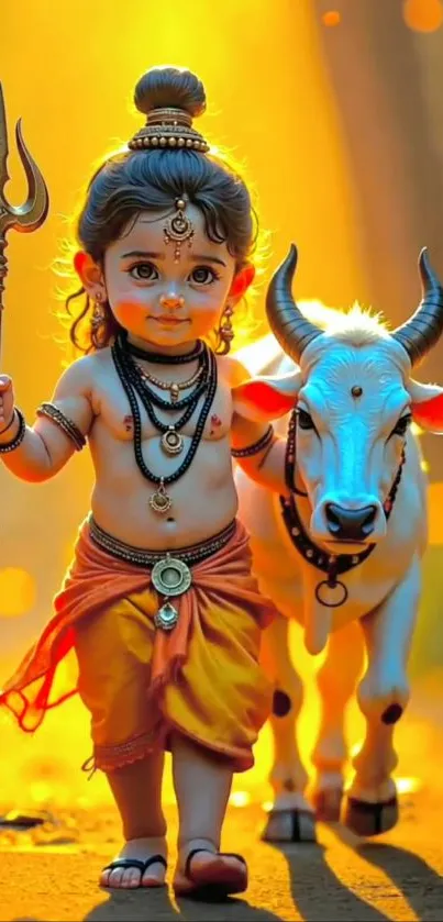 Divine child holding trident with calf in vibrant colors.