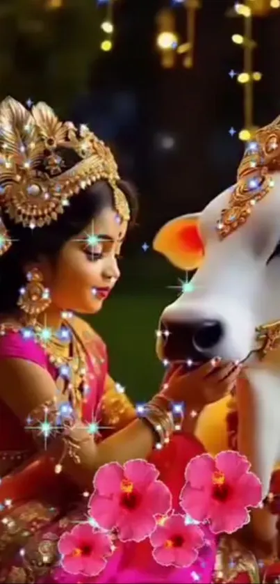 A child in traditional attire with a decorated cow, surrounded by flowers and lights.