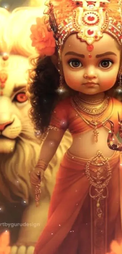 Divine child goddess and lion in vibrant art wallpaper.