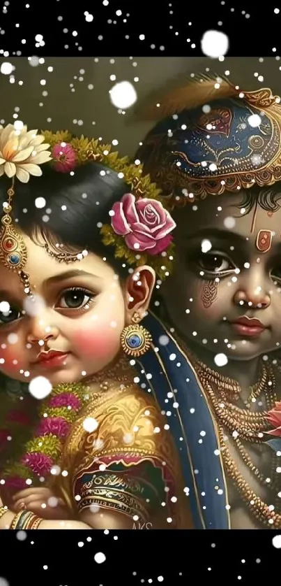 Artistic depiction of divine children in traditional attire with vibrant colors.