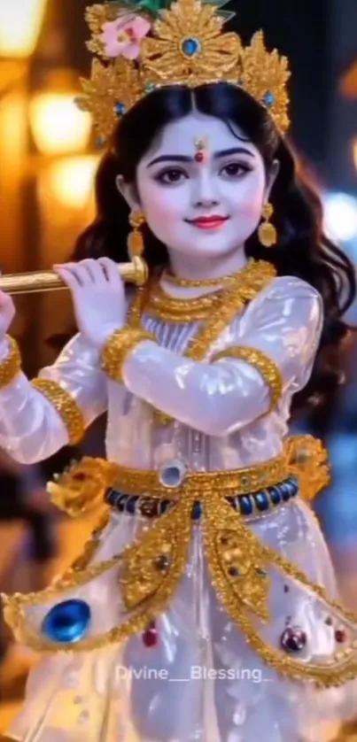 Child dressed divinely with flute, golden attire.