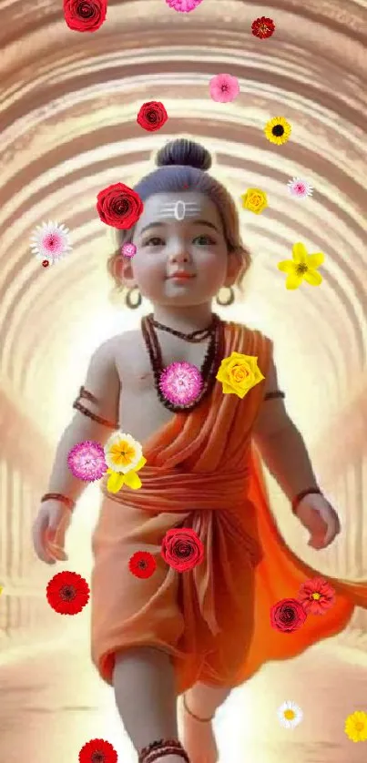 Divine child with flowers in a serene archway.