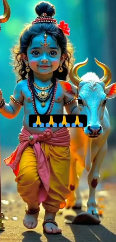 Divine illustration of child Krishna with a cow in vibrant colors.