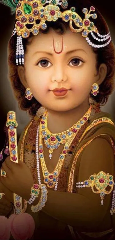 Digital artwork of child Krishna with jewels on mobile wallpaper.