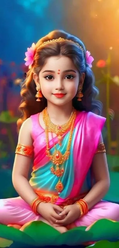 Vibrant divine child in traditional attire with serene background wallpaper.