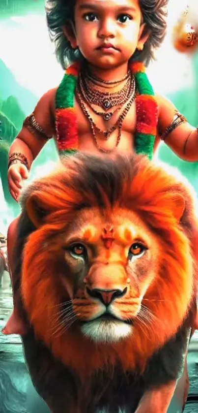 Divine child riding lion mobile wallpaper.