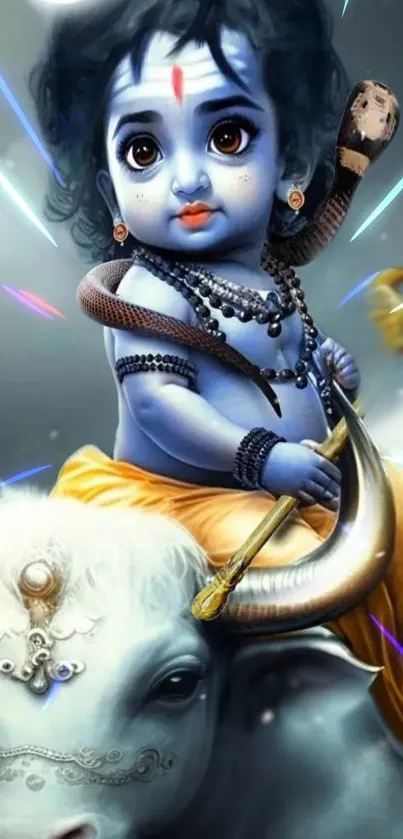 Artistic depiction of a divine child on a bull, vibrant hues and spiritual elements.