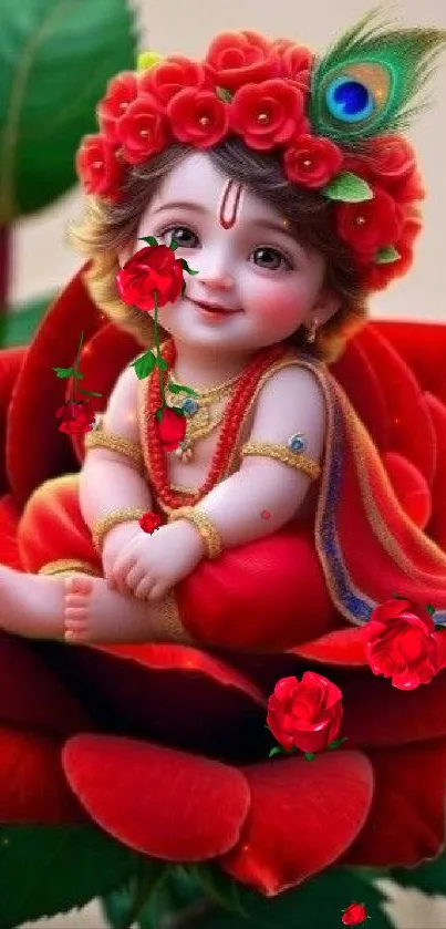 Divine child with floral crown sitting on a vibrant red rose.