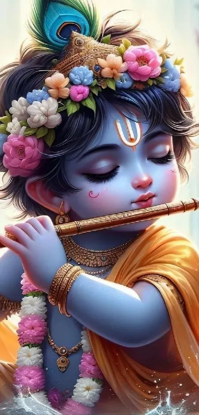 Divine child playing flute with floral crown