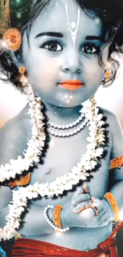 Divine child adorned with garlands and jewelry on a light blue background.