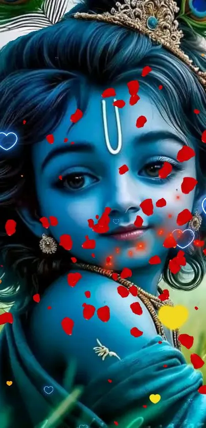 Divine child with blue skin adorned with red petals and a serene background.