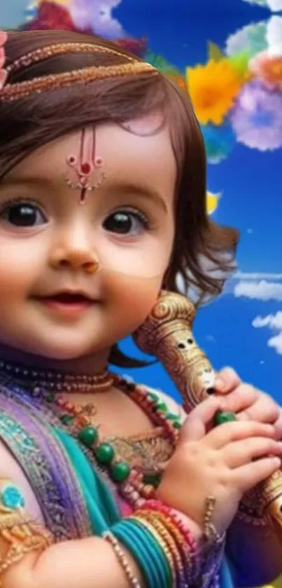 Divine child holding flute under blue sky with colorful flowers.