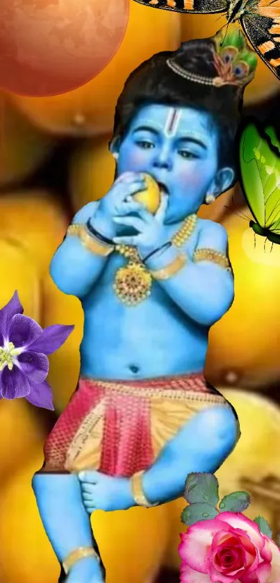 Divine child surrounded by vibrant fruits, flowers, and butterflies.