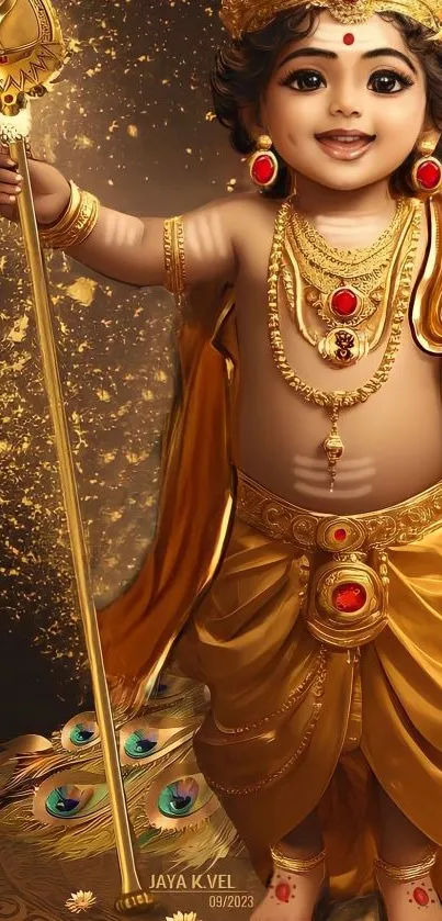 Divine child in gold with a radiant aura and ornamental elements.